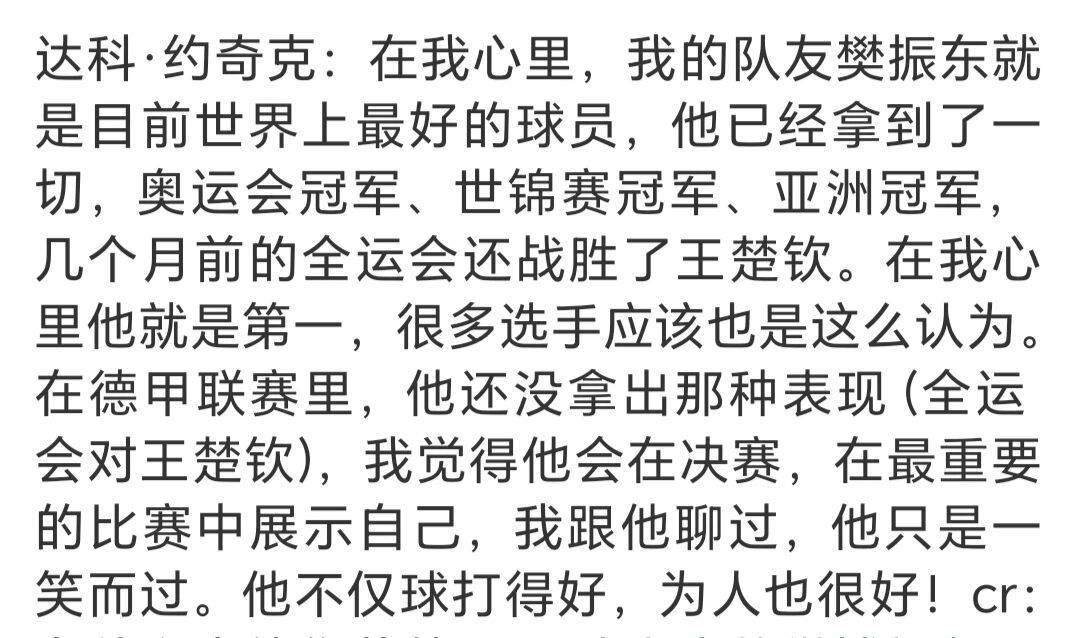 达科盛称樊振东是目前最好的选手,直言他在德甲没有拿出最佳状态